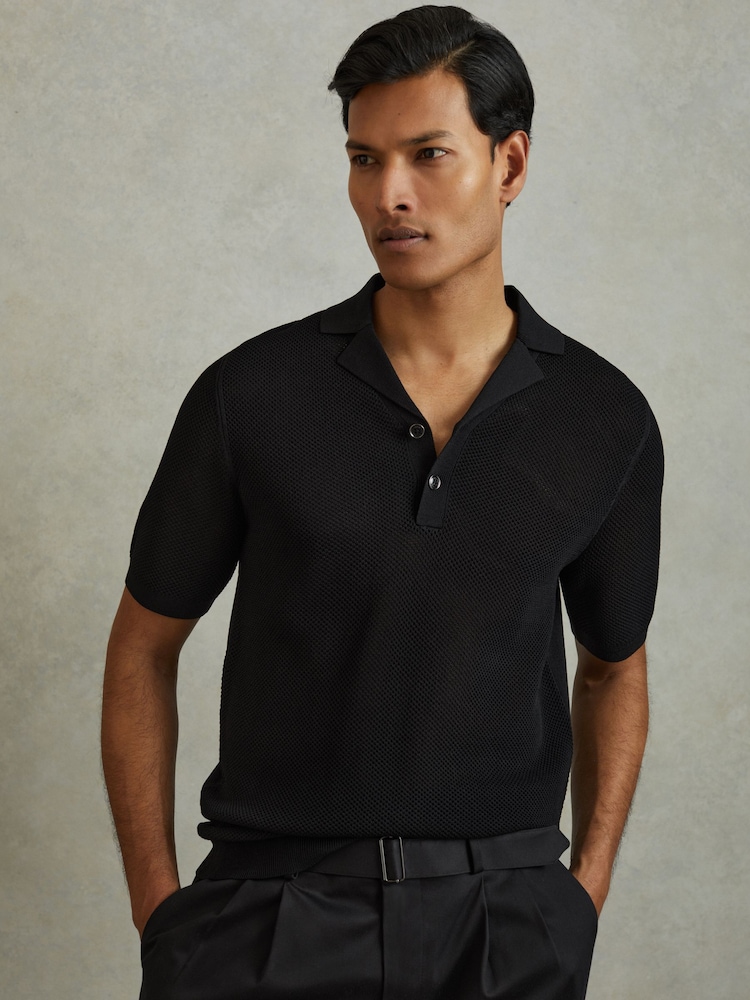 Reiss Black Charlie Open-Stitch Cuban-Collar Polo Shirt - Image 1 of 5