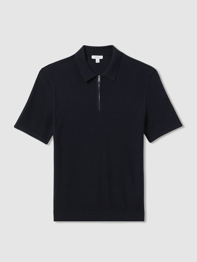 Reiss Navy Ivor Textured Half-Zip Polo Shirt - Image 2 of 5