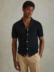 Reiss Navy Biarritz Cotton Cuban Collar Shirt - Image 1 of 6