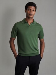 Reiss Lizard Green Duchie Merino Wool Open Collar Polo Shirt - Image 1 of 6
