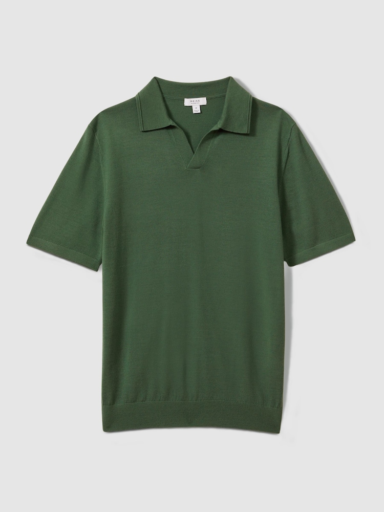 Reiss Lizard Green Duchie Merino Wool Open Collar Polo Shirt - Image 2 of 6 Reiss Lizard Green Duchie Merino Wool Open Collar Polo Shirt - Image 2 of 6
