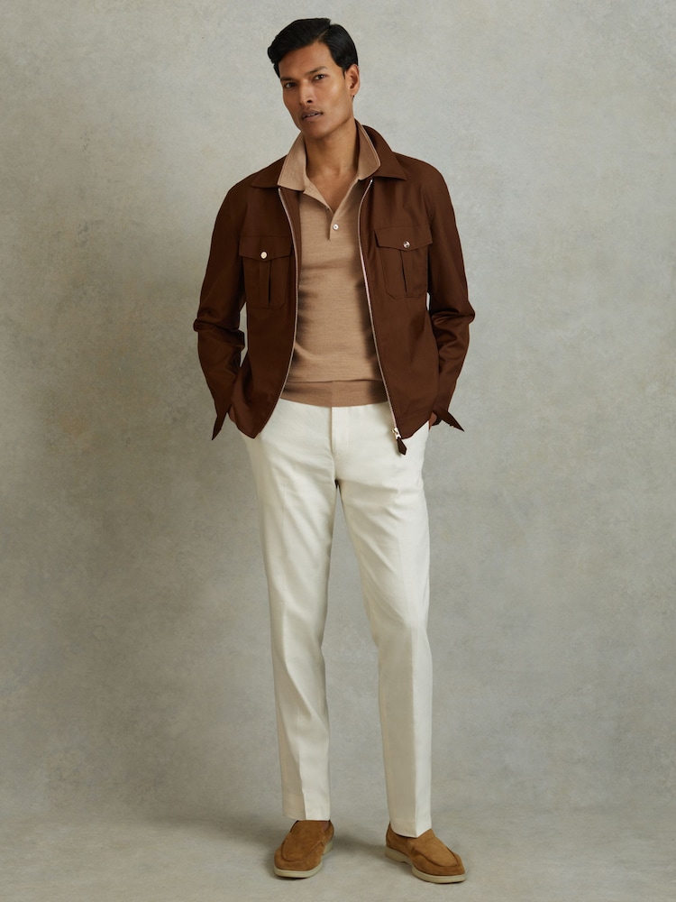 Reiss Camel Melange Manor Merino Wool Short Sleeve Polo Shirt - Image 1 of 5