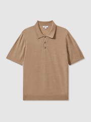 Reiss Camel Melange Manor Merino Wool Short Sleeve Polo Shirt - Image 2 of 5