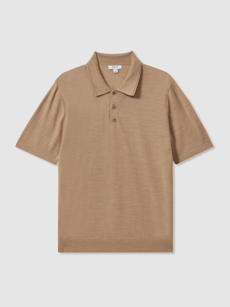 Reiss Camel Melange Manor Merino Wool Short Sleeve Polo Shirt - Image 2 of 5