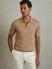 Reiss Camel Melange Manor Merino Wool Short Sleeve Polo Shirt - Image 3 of 5