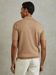 Reiss Camel Melange Manor Merino Wool Short Sleeve Polo Shirt - Image 4 of 5