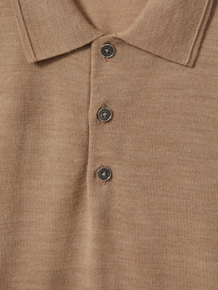 Reiss Camel Melange Manor Merino Wool Short Sleeve Polo Shirt - Image 5 of 5