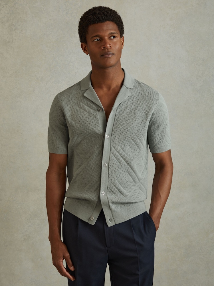 Reiss Soft Sage Biarritz Cotton Cuban Collar Shirt - Image 1 of 5