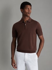 Reiss Treacle Brown Maxwell Merino Wool Half-Zip Polo Shirt - Image 1 of 5