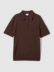 Reiss Treacle Brown Maxwell Merino Wool Half-Zip Polo Shirt - Image 2 of 5
