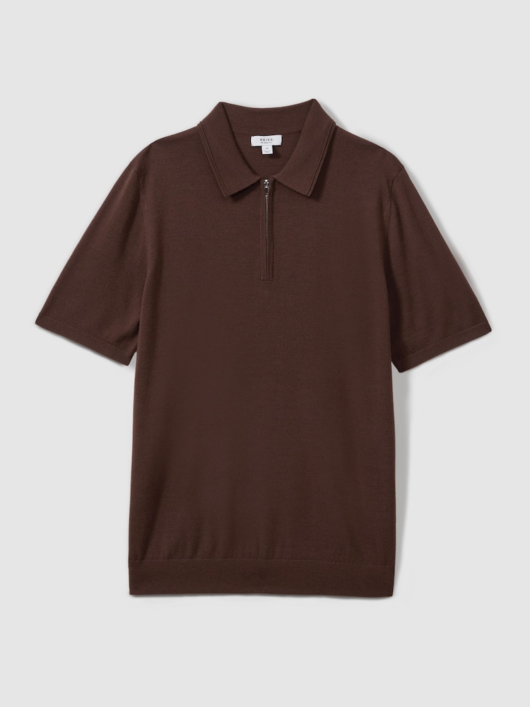 Reiss Treacle Brown Maxwell Merino Wool Half-Zip Polo Shirt - Image 2 of 5