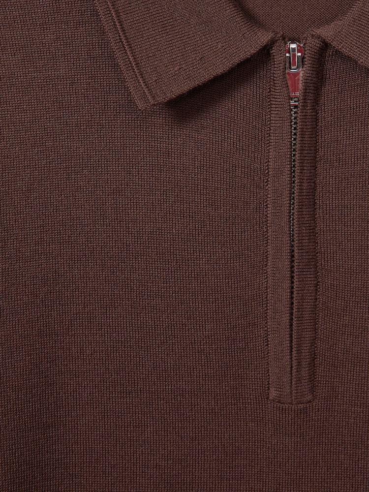 Reiss Treacle Brown Maxwell Merino Wool Half-Zip Polo Shirt - Image 5 of 5