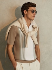 Reiss Camel/White Berlin Open-Stitch Half-Zip Polo Shirt - Image 1 of 5