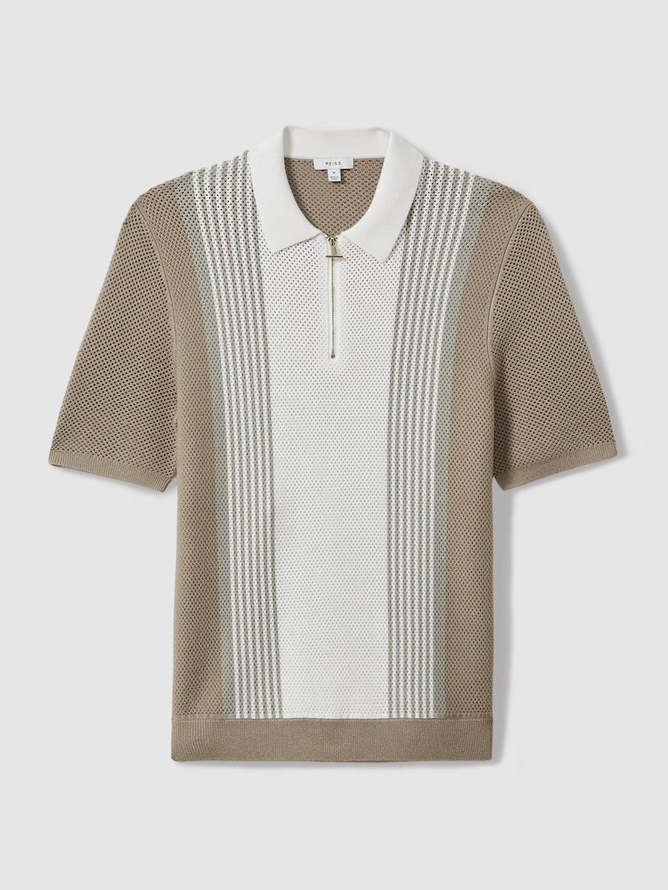 Reiss Camel/White Berlin Open-Stitch Half-Zip Polo Shirt - Image 2 of 5