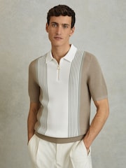 Reiss Camel/White Berlin Open-Stitch Half-Zip Polo Shirt - Image 3 of 5