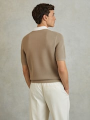 Reiss Camel/White Berlin Open-Stitch Half-Zip Polo Shirt - Image 4 of 5