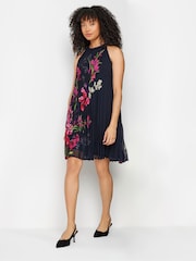 M&Co Navy Blue Petite Floral Print Pleated Dress - Image 1 of 5