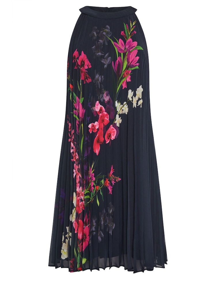 M&Co Navy Blue Petite Floral Print Pleated Dress - Image 5 of 5