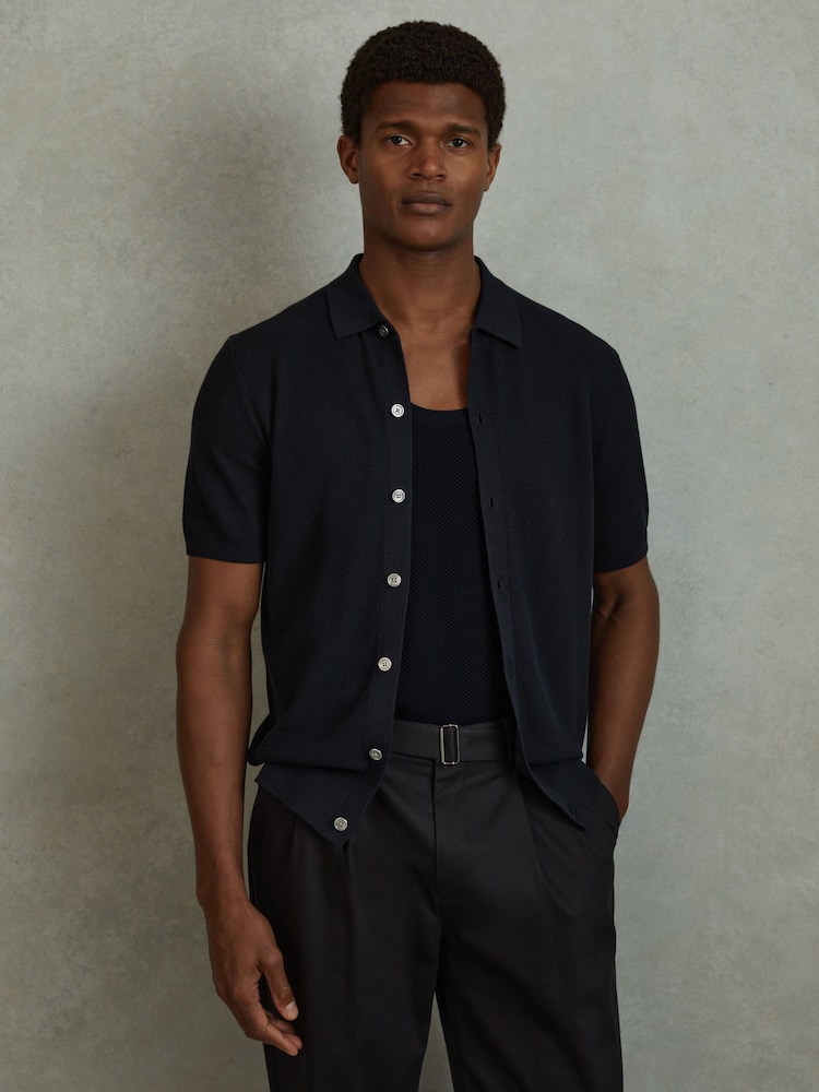 Reiss Navy Bravo Cotton Blend Textured Shirt - Image 1 of 6