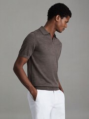 Reiss Dark Brown Melange Duchie Merino Wool Open Collar Polo Shirt - Image 1 of 5