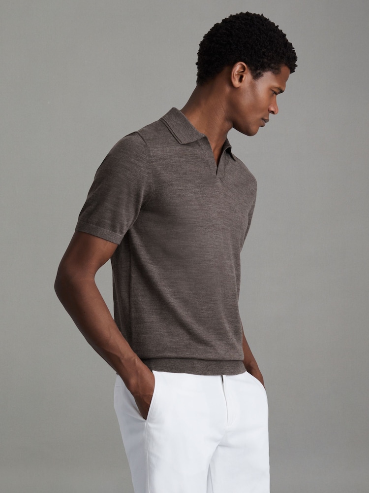 Reiss Dark Brown Melange Duchie Merino Wool Open Collar Polo Shirt - Image 1 of 5