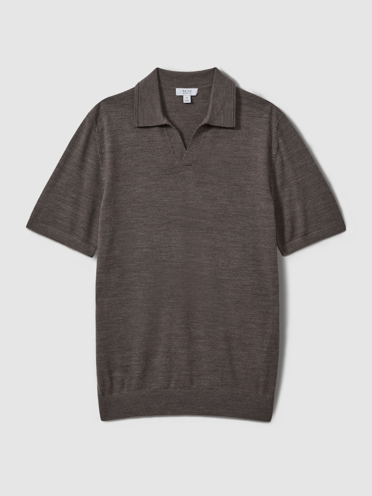 Reiss Dark Brown Melange Duchie Merino Wool Open Collar Polo Shirt - Image 2 of 5