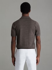 Reiss Dark Brown Melange Duchie Merino Wool Open Collar Polo Shirt - Image 4 of 5