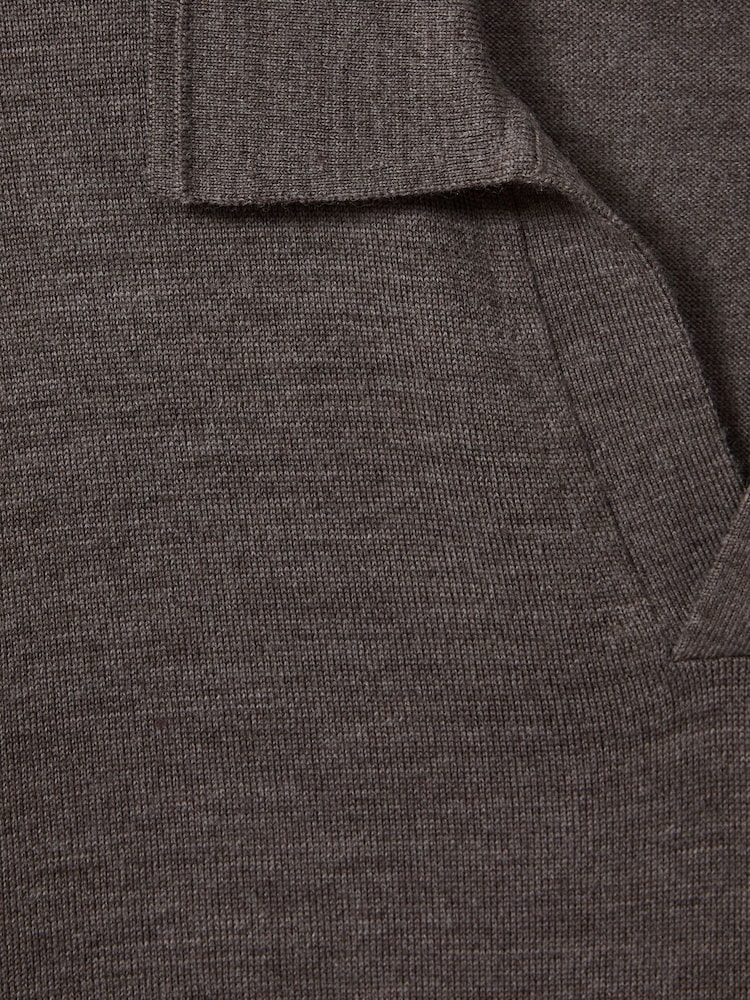 Reiss Dark Brown Melange Duchie Merino Wool Open Collar Polo Shirt - Image 5 of 5
