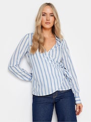 Long Tall Sally Blue & White Stripe Collared Wrap Top - Image 1 of 6