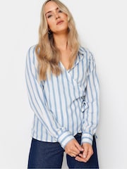 Long Tall Sally Blue & White Stripe Collared Wrap Top - Image 3 of 6