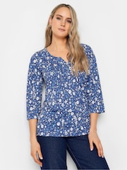 Long Tall Sally Navy Blue Floral Print Cotton Henley Top - Image 1 of 4