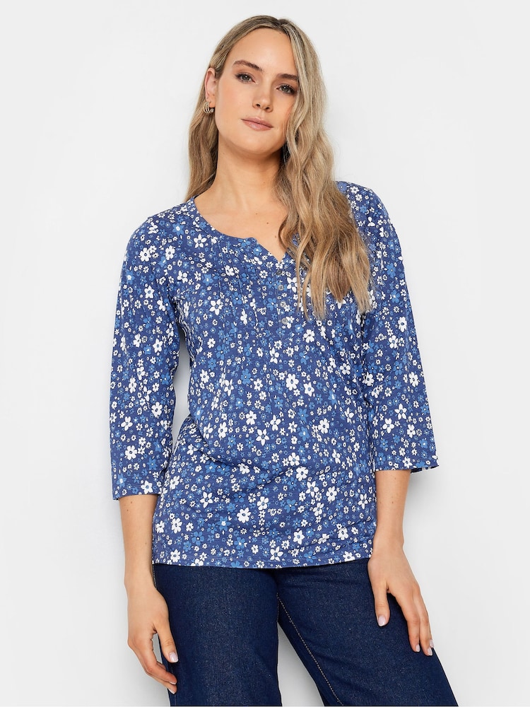 Long Tall Sally Navy Blue Floral Print Cotton Henley Top - Image 1 of 4