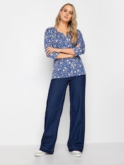 Long Tall Sally Navy Blue Floral Print Cotton Henley Top - Image 2 of 4