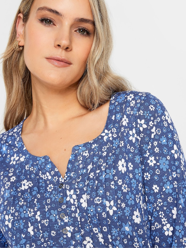 Long Tall Sally Navy Blue Floral Print Cotton Henley Top - Image 4 of 4