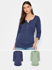Long Tall Sally Mid Blue 100% Cotton Henley Tops 2 Pack - Image 1 of 5
