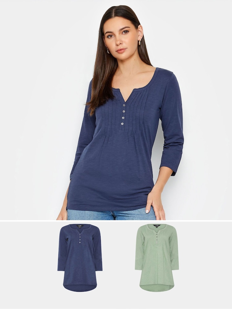 Long Tall Sally Mid Blue 100% Cotton Henley Tops 2 Pack - Image 1 of 5