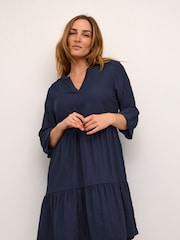 Cream Blue Lori 3/4 Sleeve Notch Neck Short Dress - Image 1 of 5