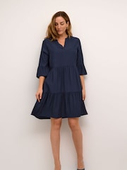 Cream Blue Lori 3/4 Sleeve Notch Neck Short Dress - Image 3 of 5