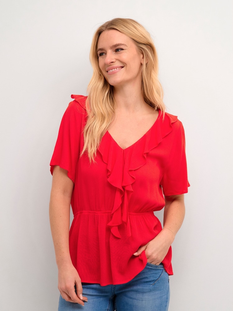 Cream Red Allie V-neck Ruffles Blouse - Image 1 of 6