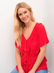 Cream Red Allie V-neck Ruffles Blouse - Image 4 of 6