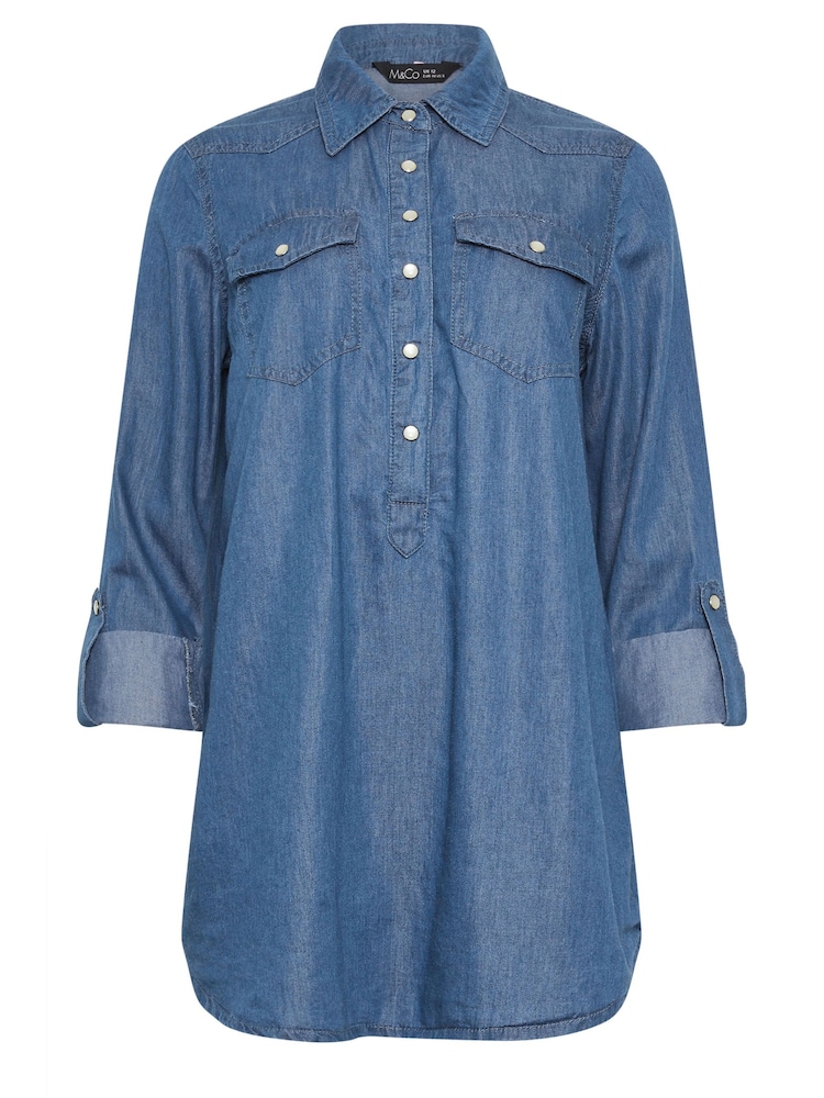 M&Co Blue Mid Wash Half Placket Denim Shirt - Image 4 of 4