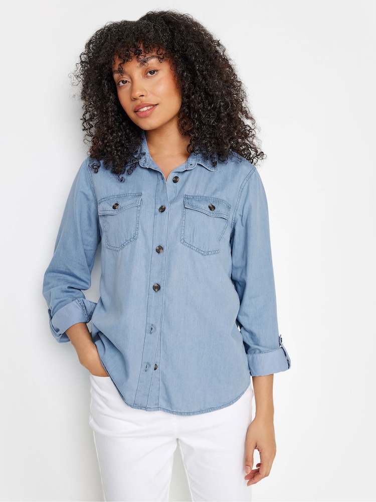 M&Co Blue Light Wash Tab Sleeve Tencel Denim Shirt - Image 1 of 5