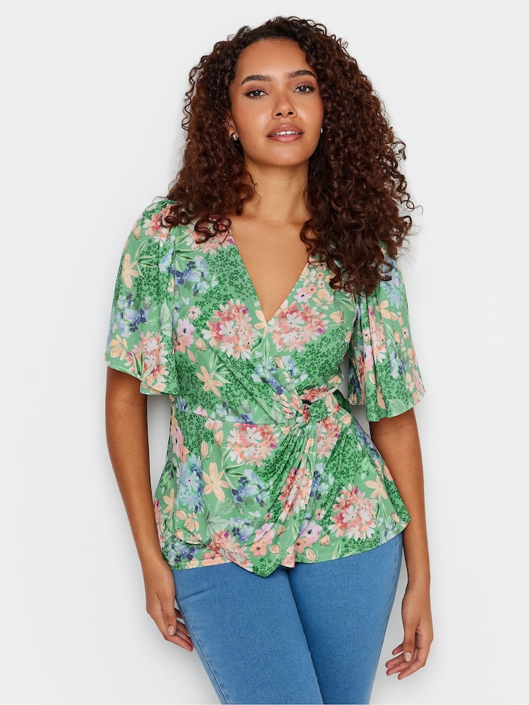 M&Co Green Floral Print Ring Detail Wrap Top - Image 1 of 5