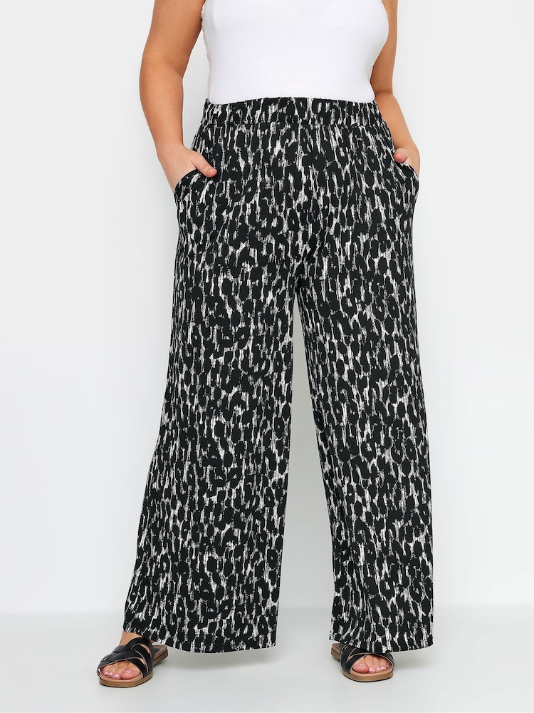 Yours Curve Black Leopard Print Jersey Wide Leg Trousers - Image 1 of 4