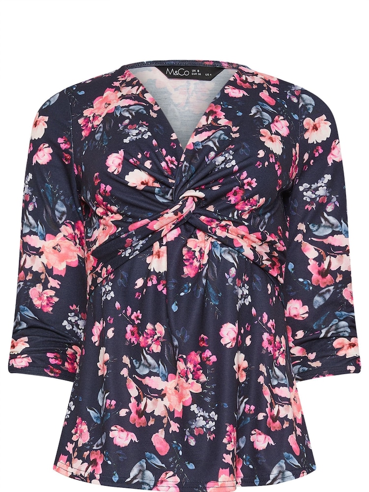 M&Co Blue Petite Floral Twist Front Top - Image 5 of 5 M&Co Blue Petite Floral Twist Front Top - Image 5 of 5