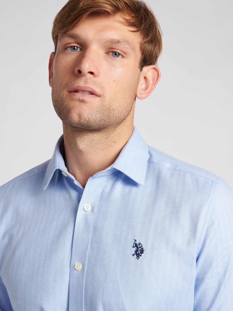 U.S. Polo Assn. Blue Mens Long Sleeve Herringbone Twill 100% Cotton Shirt - Image 2 of 8