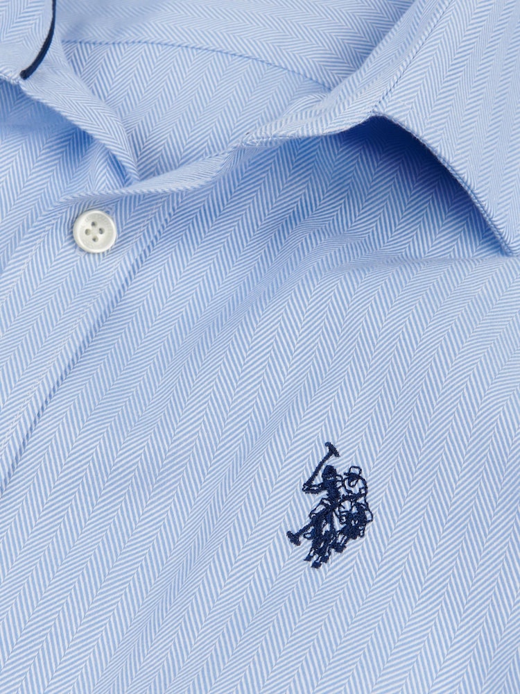 U.S. Polo Assn. Blue Mens Long Sleeve Herringbone Twill 100% Cotton Shirt - Image 7 of 8