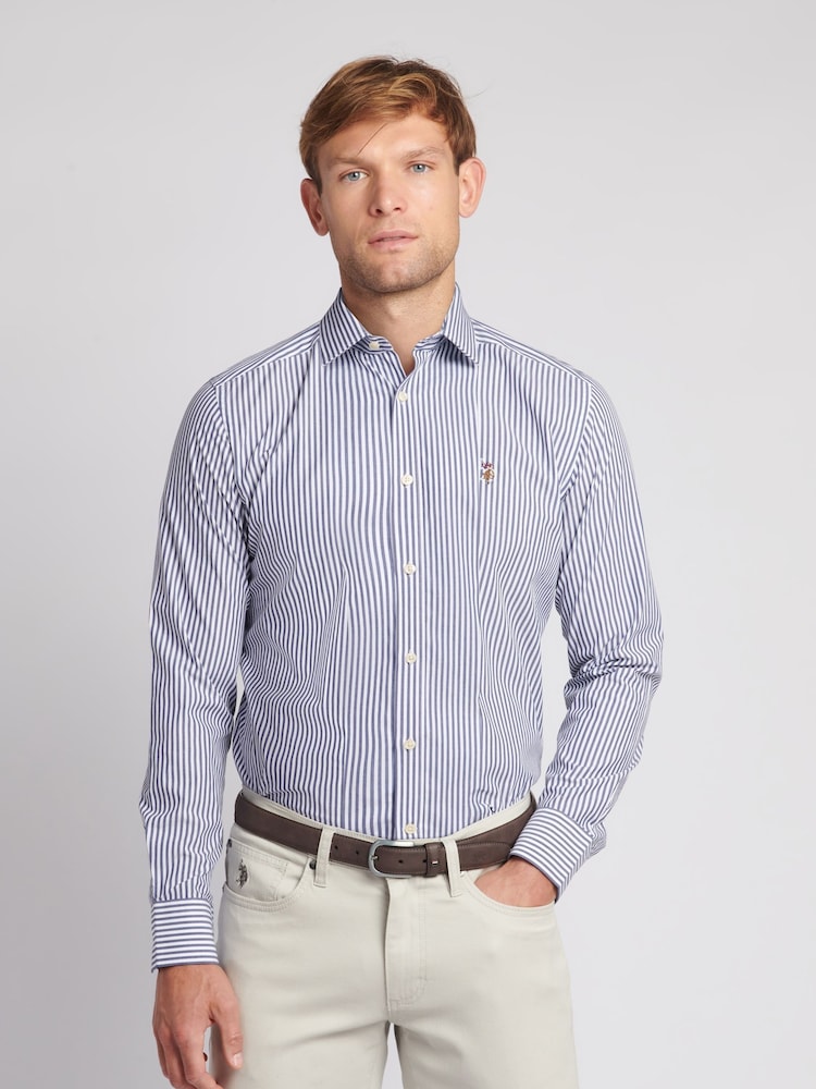 U.S. Polo Assn. Blue Mens Long Sleeve Poplin Bengal Stripe 100% Cotton Shirt - Image 1 of 7