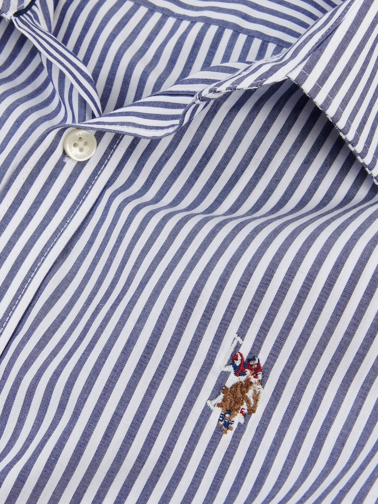 U.S. Polo Assn. Blue Mens Long Sleeve Poplin Bengal Stripe 100% Cotton Shirt - Image 7 of 7