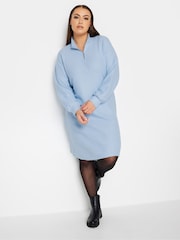 Yours Curve Blue Soft Touch Ribbed Half Zip Midi Dress - Image 1 of 4